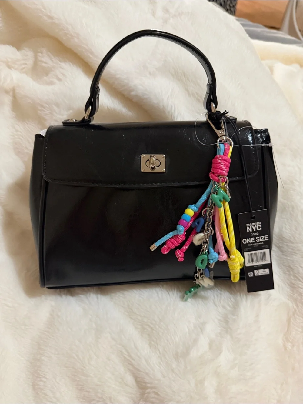 Black Top-Handle Satchel with Colorful Charm by
